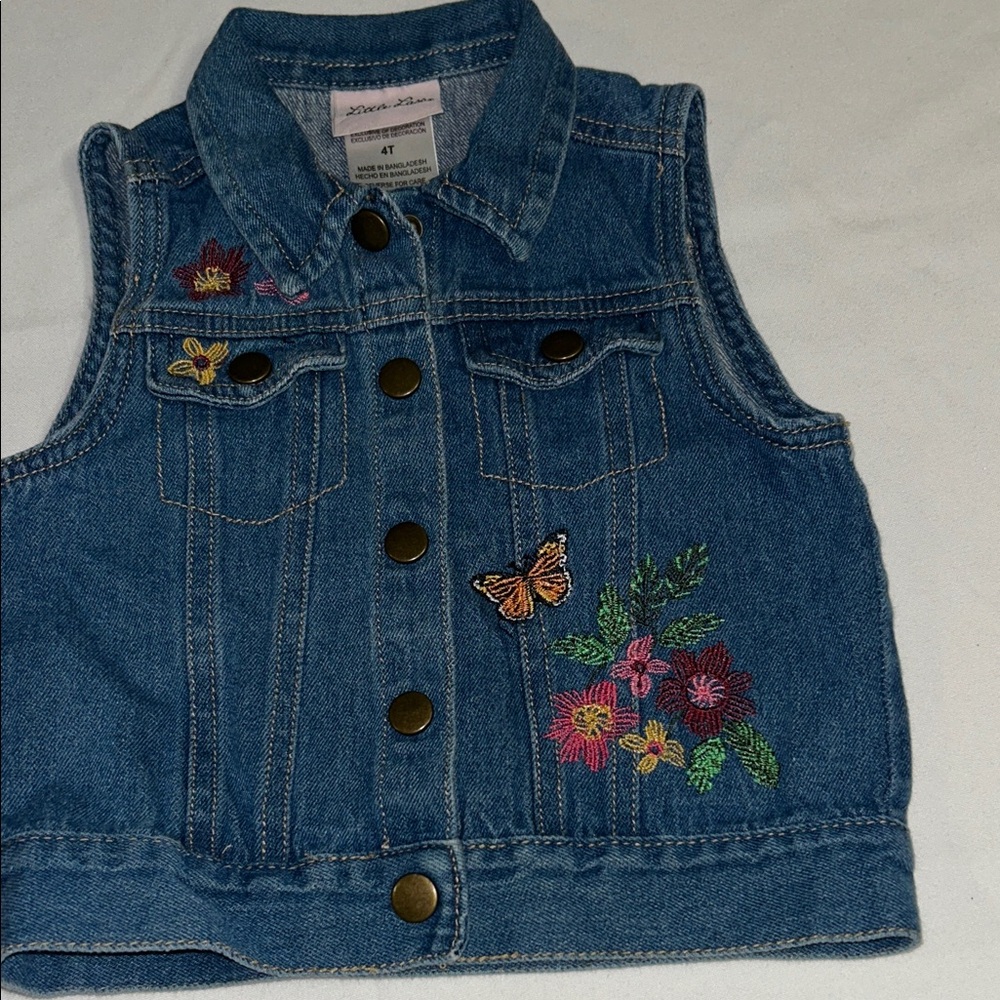 Little Lass Denim Vest with Embroidered Flowers & Butterfly